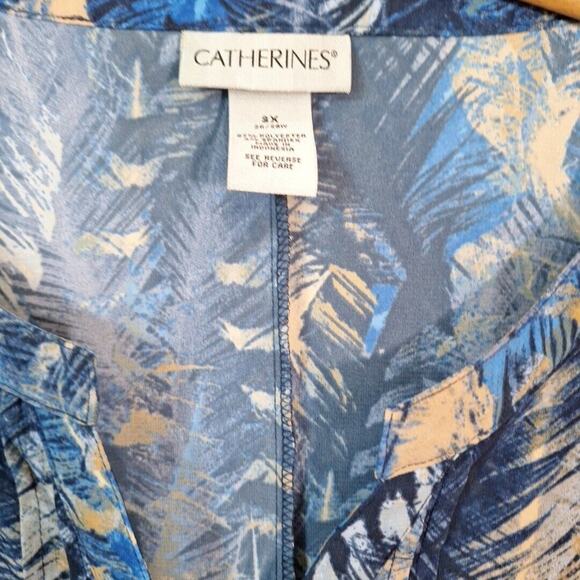Catherines Blue Feather Print Button Up Blouse Long Sleeve Women Size 3X Boho - Picture 3 of 7